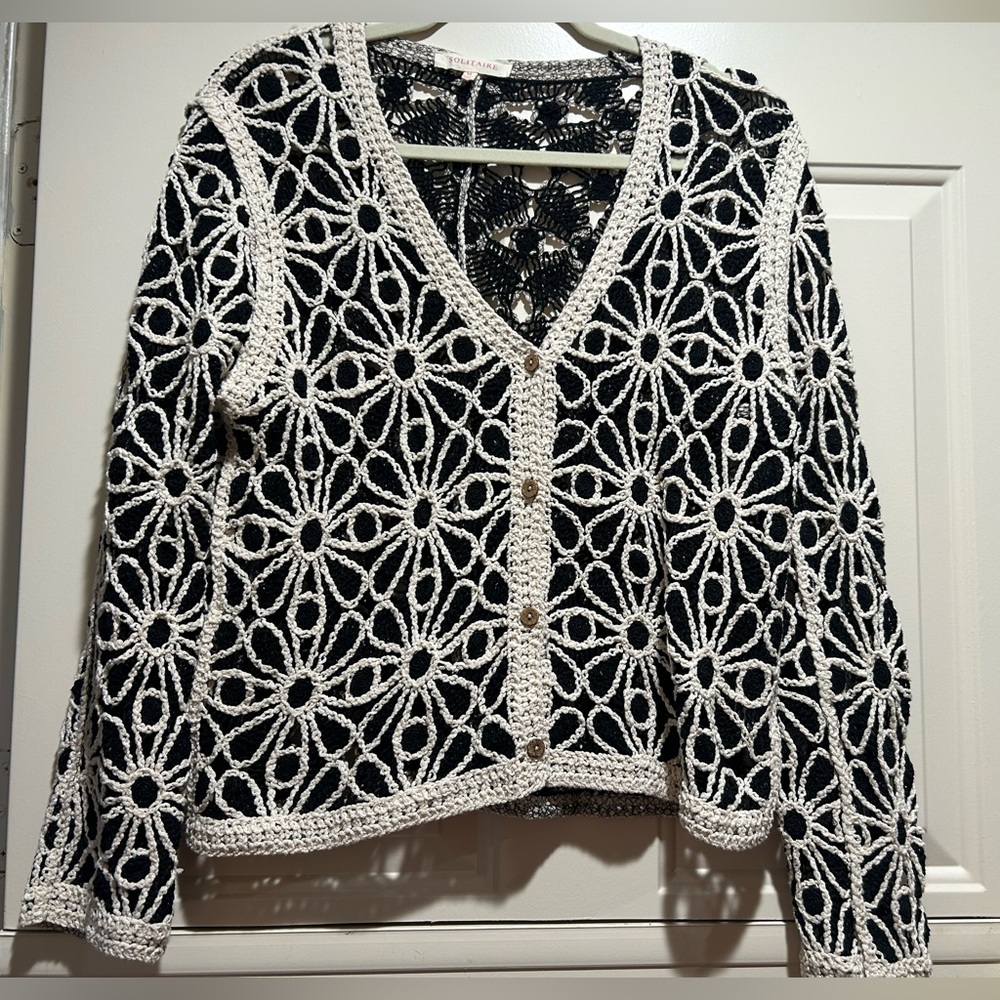 Elegant Black and Beige Crochet Floral Cardigan/Topper Medium